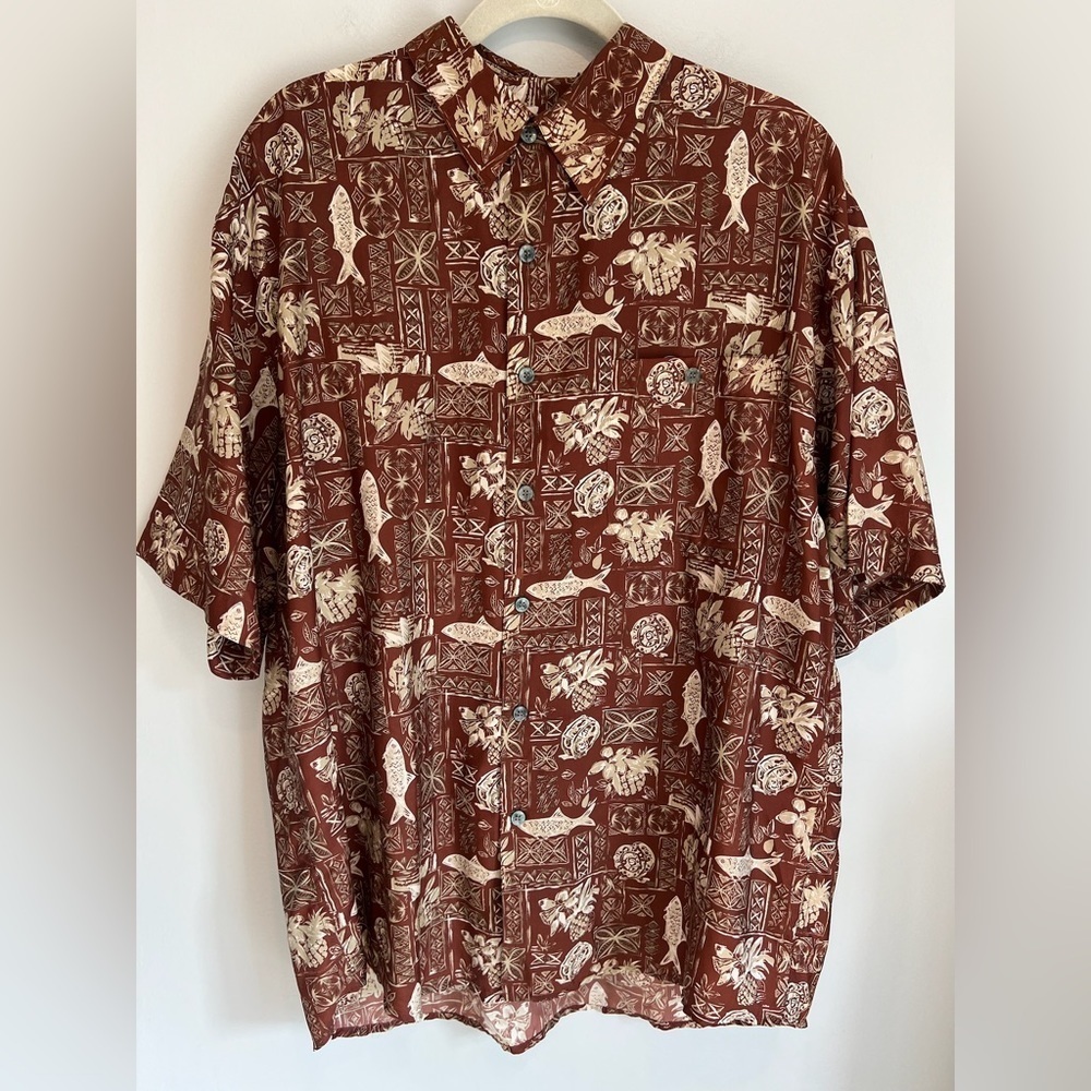 PORCINI Silk Blend Fish Print Short Sleeve Button Down Hawaiian Shirt Large